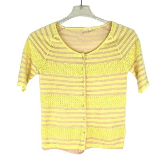 Moth Anthropologie S Neon Yellow Striped Sweater Short Sleeve Full Front Button - Picture 1 of 11